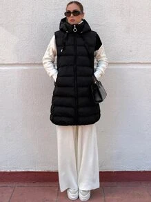 EURMUSE Drawstring Hooded Puffer Vest Coat - Black - View 6