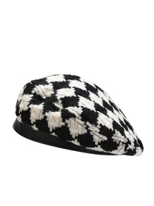 Checkered Pattern Beret - Black and White - View 1