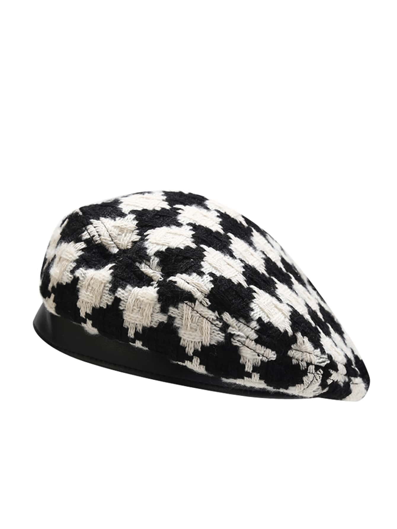 Checkered Pattern Beret - Black and White - View 1