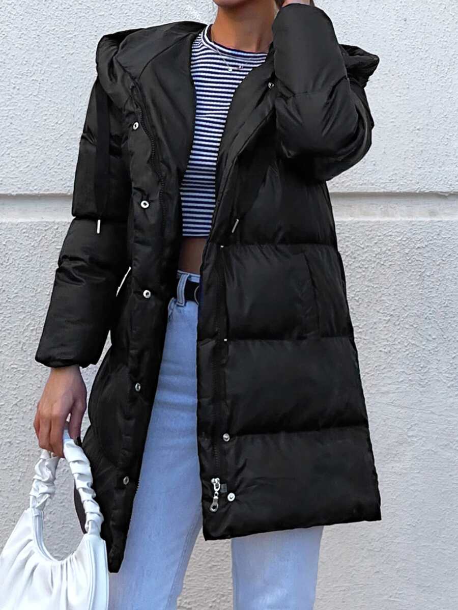 EURMUSE Solid Button Up Hooded Puffer Coat - Black - View 1