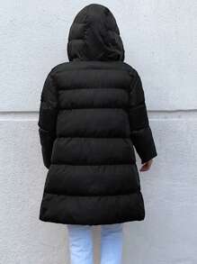 EURMUSE Solid Button Up Hooded Puffer Coat - Black - View 2
