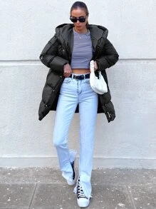 EURMUSE Solid Button Up Hooded Puffer Coat - Black - View 3