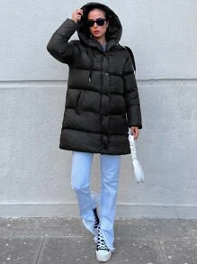 EURMUSE Solid Button Up Hooded Puffer Coat - Black - View 6