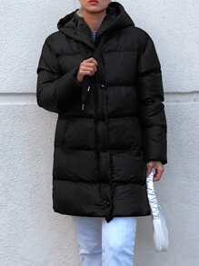 EURMUSE Solid Button Up Hooded Puffer Coat - Black - View 7