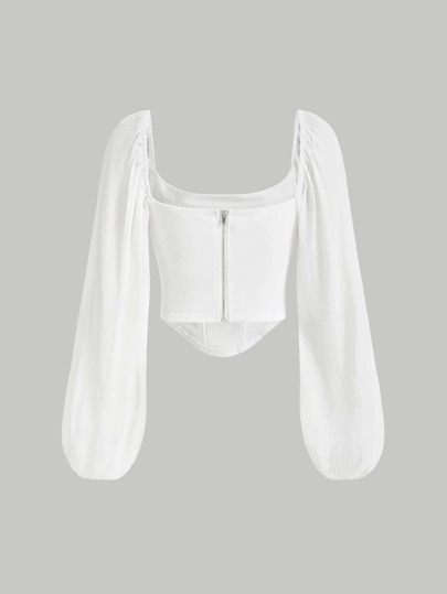 SHEIN MOD Top blanco de manga larga con cuello redondo fruncido de mangas de linterna y dobladillo asimétrico corto