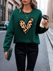 INAWLY Heart And Leopard Print Thermal Lined Sweatshirt,Long Sleeve Tops Graduation,Teacher,Back To School Pullover Fall - Dark Green - View 1