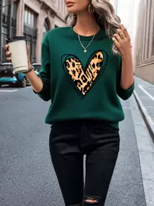 INAWLY Heart And Leopard Print Thermal Lined Sweatshirt,Long Sleeve Tops Graduation,Teacher,Back To School Pullover Fall - Dark Green - View 3