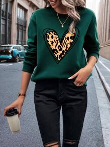 INAWLY Heart And Leopard Print Thermal Lined Sweatshirt,Long Sleeve Tops Graduation,Teacher,Back To School Pullover Fall - Dark Green - View 4