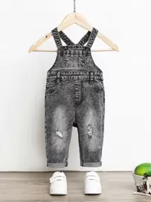 Baby Ripped Pocket Front Denim Dungaree - Dark Grey - View 1