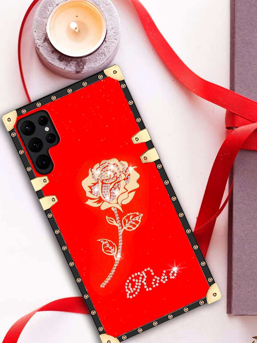水钻玫瑰手机壳，国际版，非国内版 - 紅色 - 查看 1