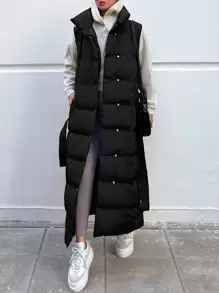 EURMUSE Solide Knopfvorder-Weste Daunenmantel, Damen Winter Lässig Gürtel, Tasche Trichter Kragen Normal Passform Schwarz Einfarbig Damen Gepolsterte Mäntel, Winterwärme/ Wintermode - Schwarz - Übersicht 1