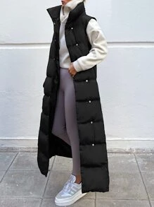 EURMUSE Solide Knopfvorder-Weste Daunenmantel, Damen Winter Lässig Gürtel, Tasche Trichter Kragen Normal Passform Schwarz Einfarbig Damen Gepolsterte Mäntel, Winterwärme/ Wintermode - Schwarz - Übersicht 3