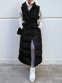EURMUSE Solide Knopfvorder-Weste Daunenmantel, Damen Winter Lässig Gürtel, Tasche Trichter Kragen Normal Passform Schwarz Einfarbig Damen Gepolsterte Mäntel, Winterwärme/ Wintermode - Schwarz - Übersicht 4