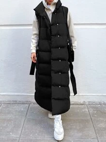 EURMUSE Solide Knopfvorder-Weste Daunenmantel, Damen Winter Lässig Gürtel, Tasche Trichter Kragen Normal Passform Schwarz Einfarbig Damen Gepolsterte Mäntel, Winterwärme/ Wintermode - Schwarz - Übersicht 5