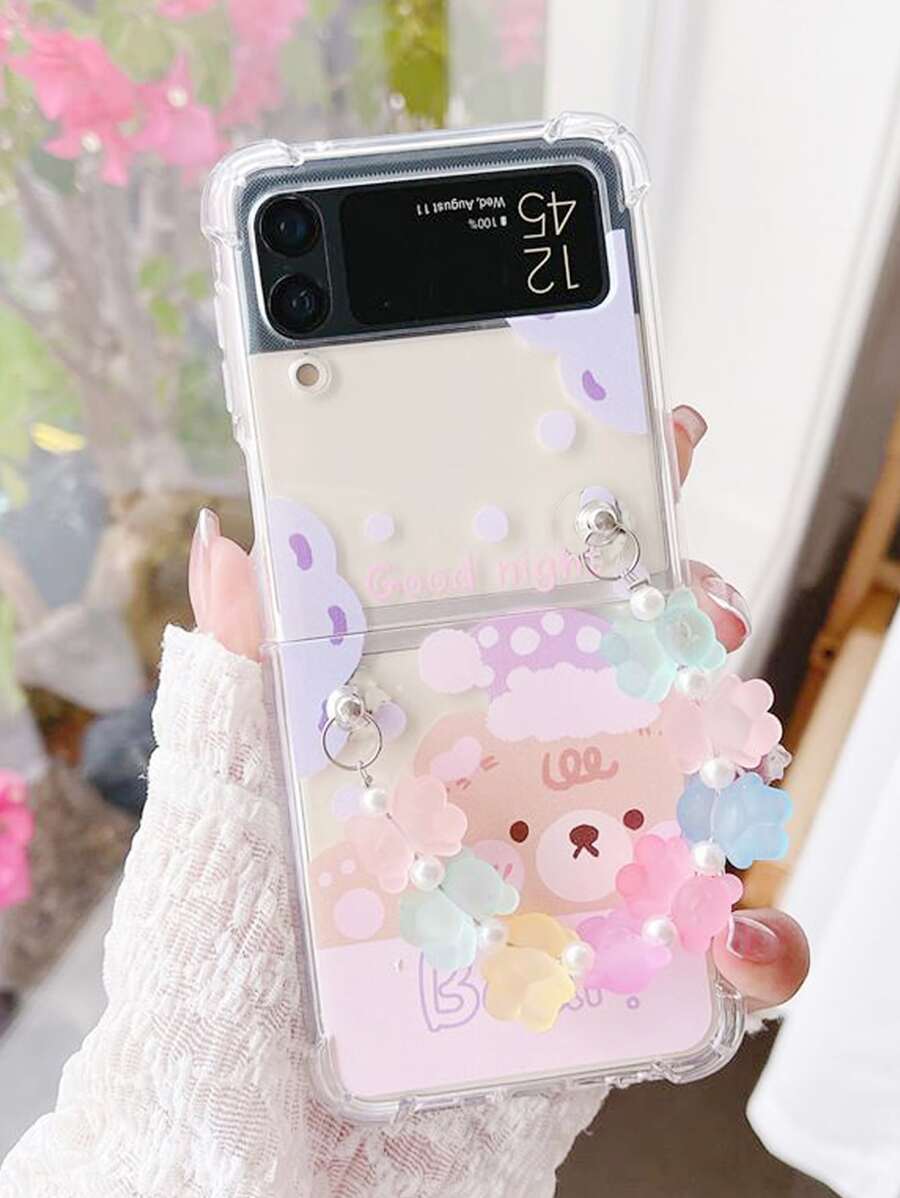 Cartoon Bear Print Clear Phone Case With Handstrap - Multicolor - View 1
