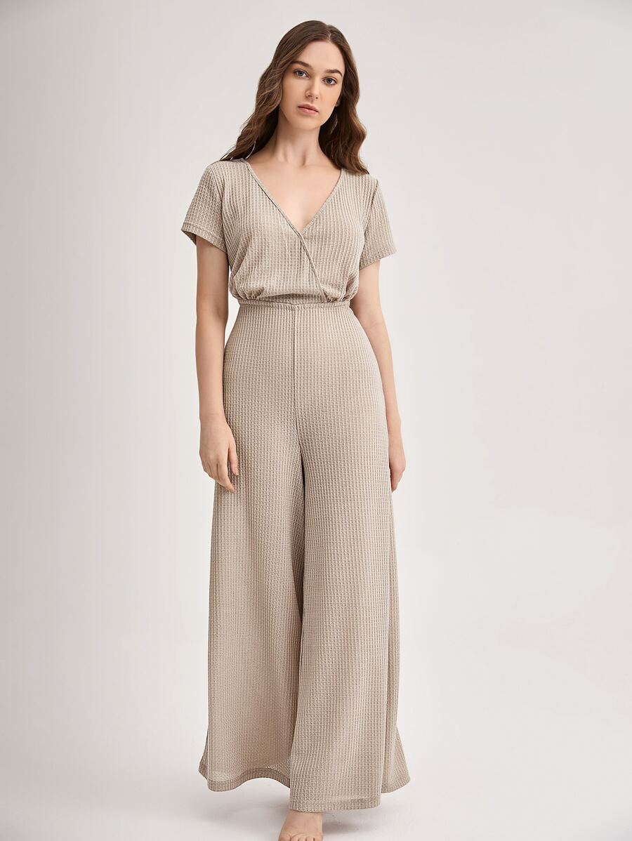 Waffle Knit Surplice Front Lounge Jumpsuit - Apricot - View 1