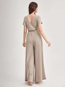 Waffle Knit Surplice Front Lounge Jumpsuit - Apricot - View 2