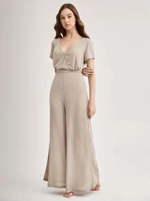 Waffle Knit Surplice Front Lounge Jumpsuit - Apricot - View 3