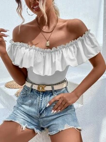 Off Shoulder Ruffle Trim Bodysuit - White - View 1