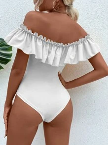 Off Shoulder Ruffle Trim Bodysuit - White - View 2