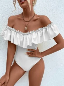 Off Shoulder Ruffle Trim Bodysuit - White - View 4