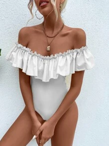 Off Shoulder Ruffle Trim Bodysuit - White - View 5