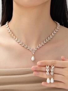 3pcs Cubic Zirconia & Faux Pearl Decor Jewelry Set - Yellow Gold - View 1