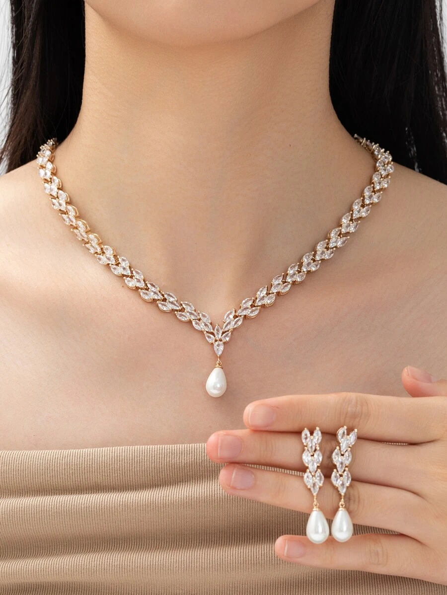 3pcs Cubic Zirconia & Faux Pearl Decor Jewelry Set - Yellow Gold - View 1