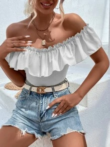 Off Shoulder Ruffle Trim Bodysuit - White - View 6