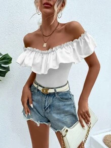 Off Shoulder Ruffle Trim Bodysuit - White - View 7
