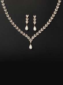 3pcs Cubic Zirconia & Faux Pearl Decor Jewelry Set - Yellow Gold - View 3