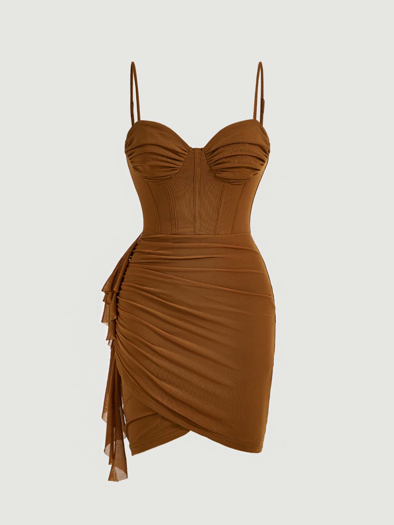 SHEIN Privé Ruched Wrap Hem Cami Dress - Brown - View 1
