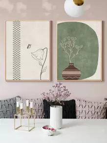 2pcs Butterfly & Floral Print Unframed Painting - Multicolor - View 1