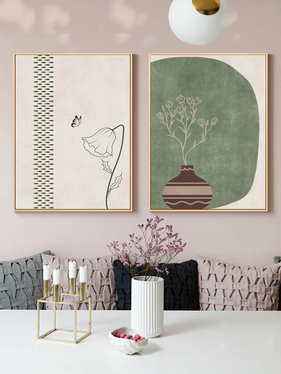 2pcs Butterfly & Floral Print Unframed Painting - Multicolor - View 1