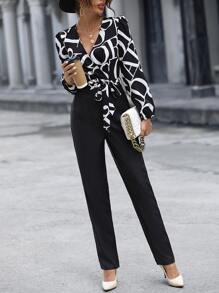 SHEIN Clasi Letter Print Overlap Collar Belted Jumpsuit - Black and White - View 1