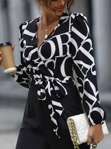 SHEIN Clasi Letter Print Overlap Collar Belted Jumpsuit - Black and White - View 3