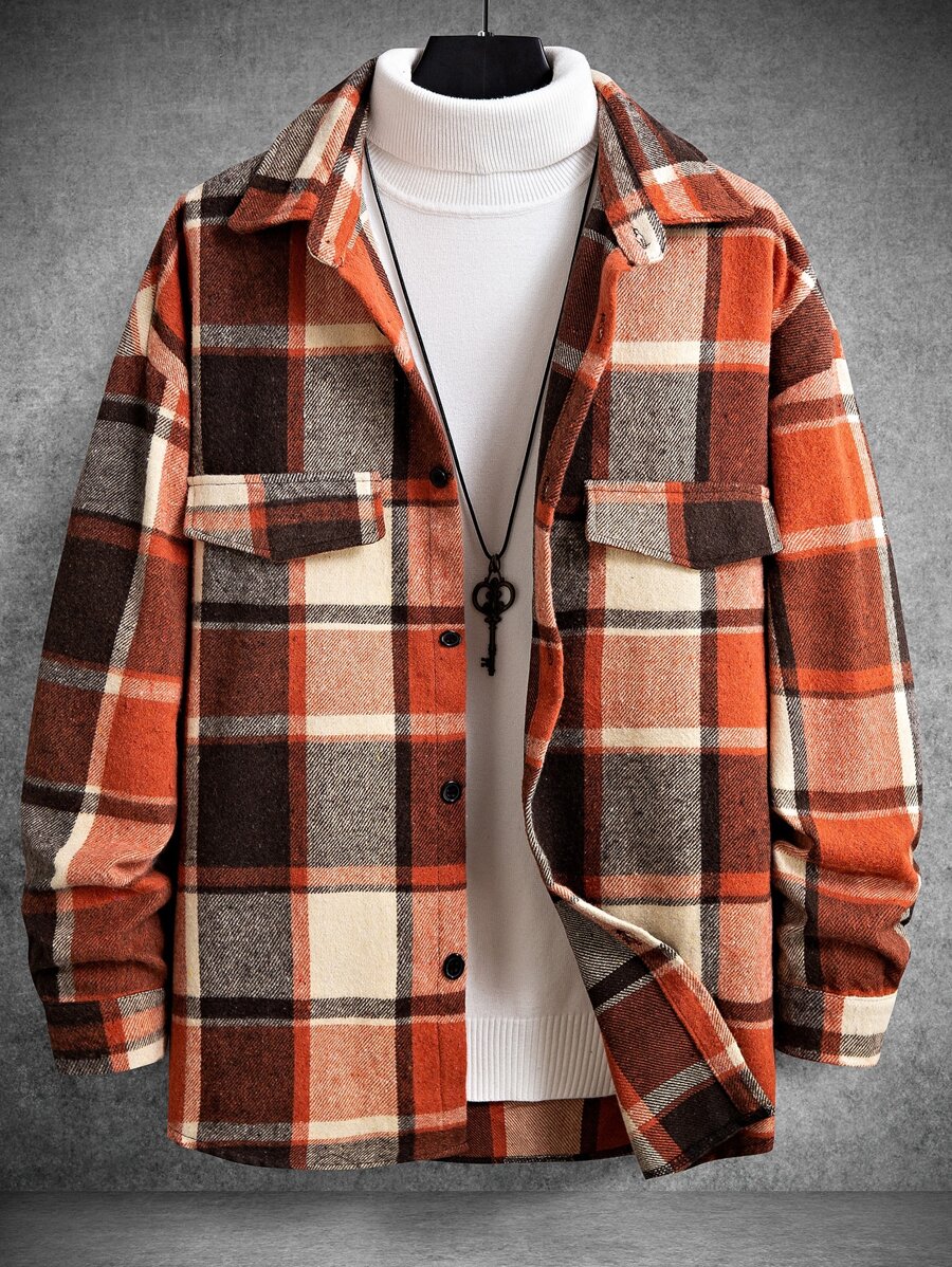 Manfinity Homme 1pc Loose Fit Men's Plaid Overcoat With Flap Detail And Drop Shoulders - Multicolor - View 1