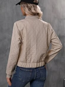 Zip Up Quilted Bomber Jacket - Apricot - View 2