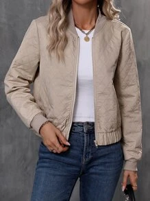 Zip Up Quilted Bomber Jacket - Apricot - View 5