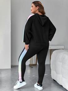 SHEIN EZwear Pantalones deportivos con capucha con estampado de letra con costura lateral en contraste de manga raglán - Negro - Ver 2