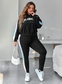 SHEIN EZwear Pantalones deportivos con capucha con estampado de letra con costura lateral en contraste de manga raglán - Negro - Ver 3