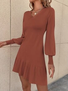 SHEIN Unity Bishop Sleeve Ruffle Hem Sweater Dress - Rust Brown - View 1