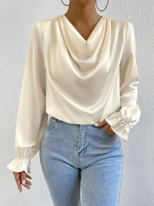 Chiquease Draped Collar Flounce Sleeve Blouse - Apricot - View 5