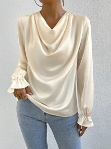 Chiquease Draped Collar Flounce Sleeve Blouse - Apricot - View 2