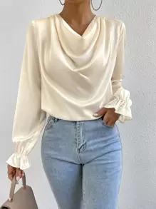 Chiquease Draped Collar Flounce Sleeve Blouse - Apricot - View 1