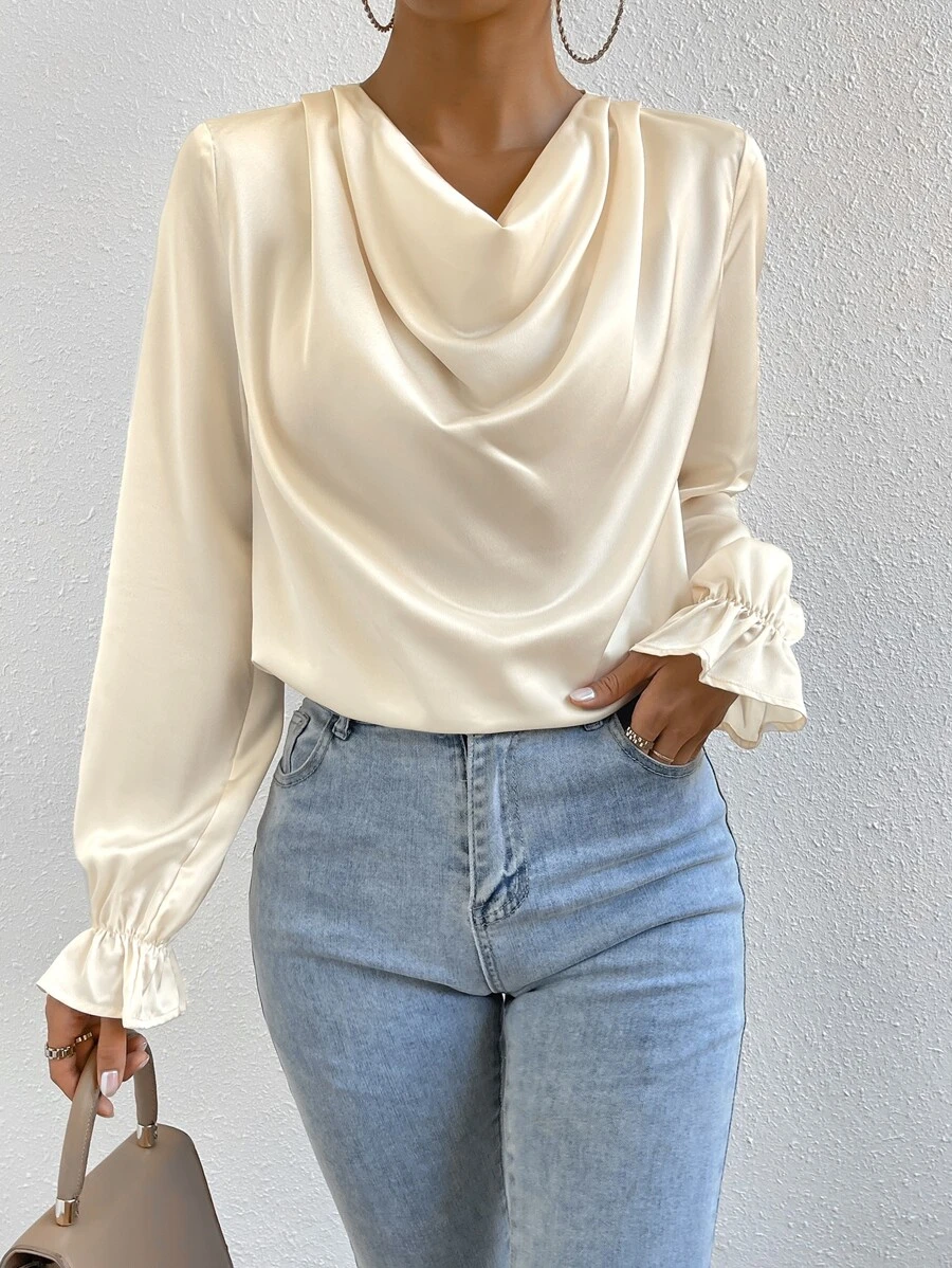 Chiquease Draped Collar Flounce Sleeve Blouse - Apricot - View 1