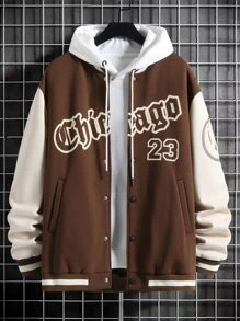 Aesthetic Post--Loose Fit Men's Letter Graphic Two-Tone Varsity Jacket Without Hoodie - Coffee Brown - View 1