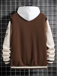 Aesthetic Post--Loose Fit Men's Letter Graphic Two-Tone Varsity Jacket Without Hoodie - Coffee Brown - View 2