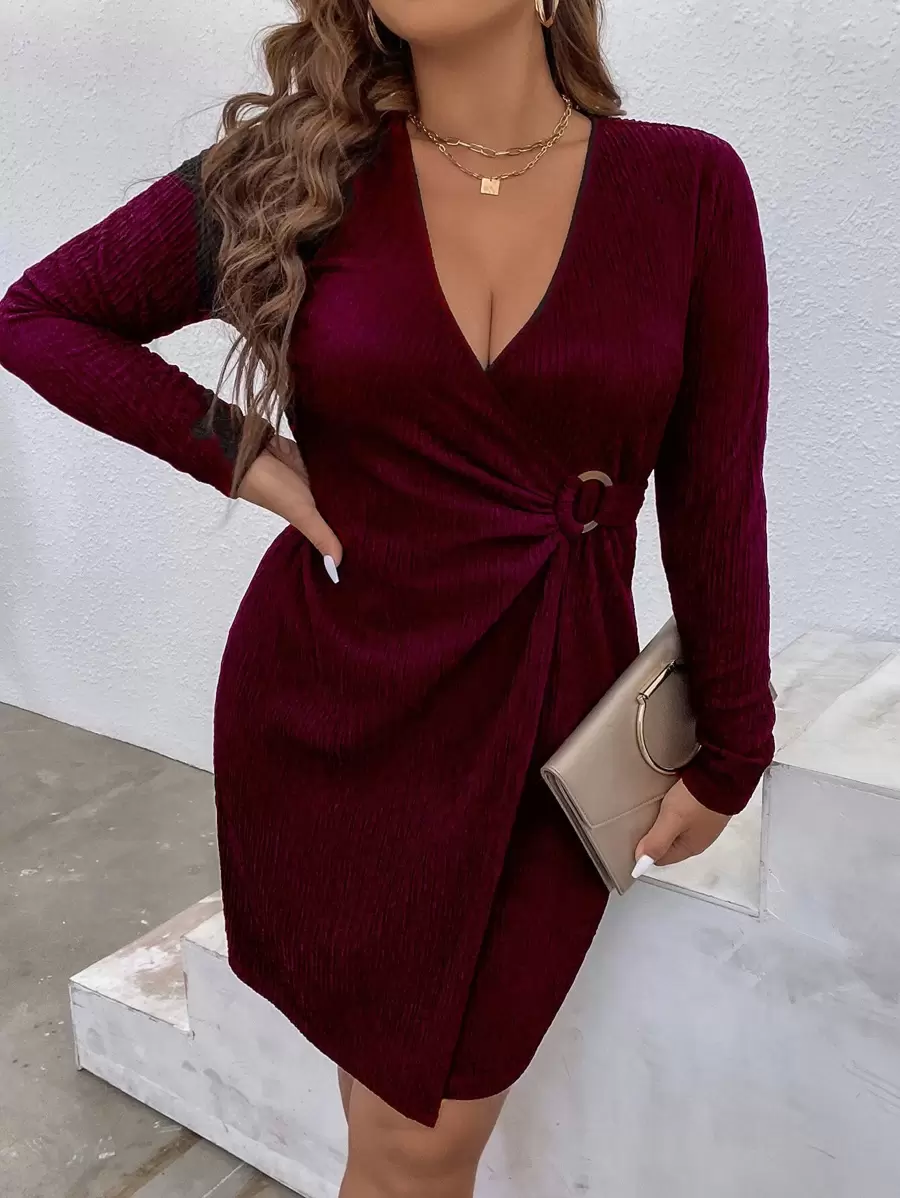 Celure Plus O-ring Detail Wrap Dress - Maroon - View 1