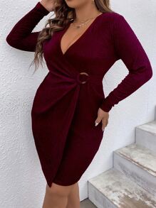 Celure Plus O-ring Detail Wrap Dress - Maroon - View 4